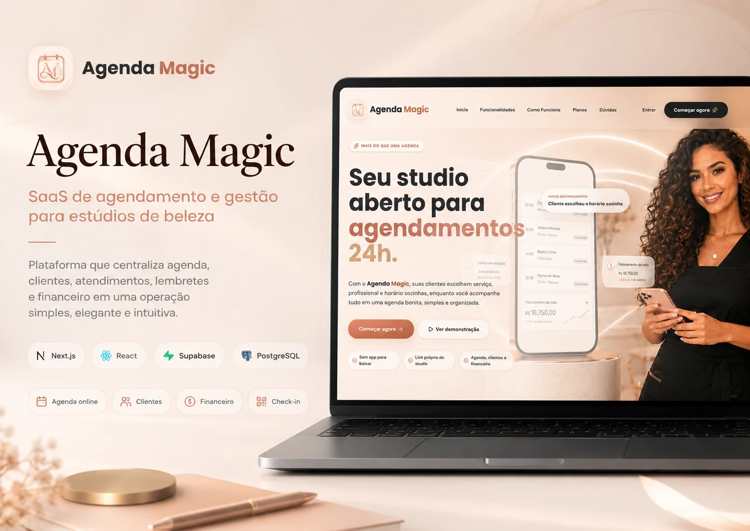Capa do case Agenda Magic com a página pública de agendamento aberta em um notebook.