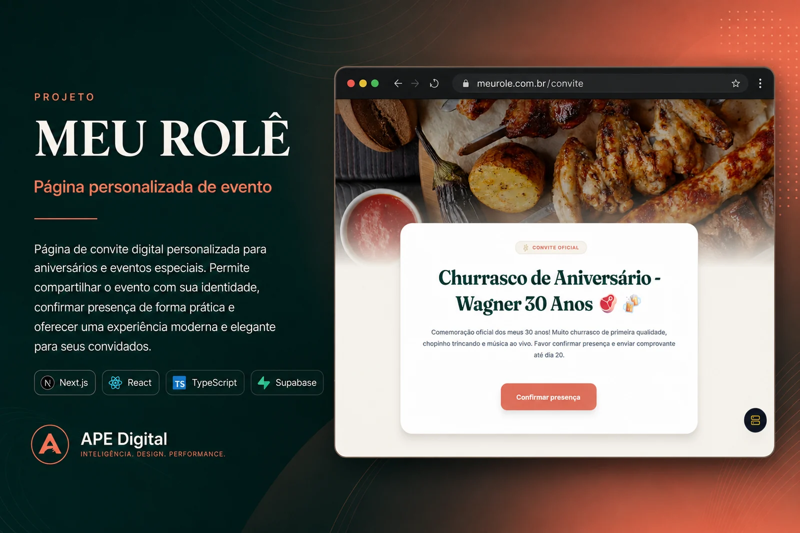 Página de convite do Meu Rolê com detalhes do evento e botão de confirmar presença.