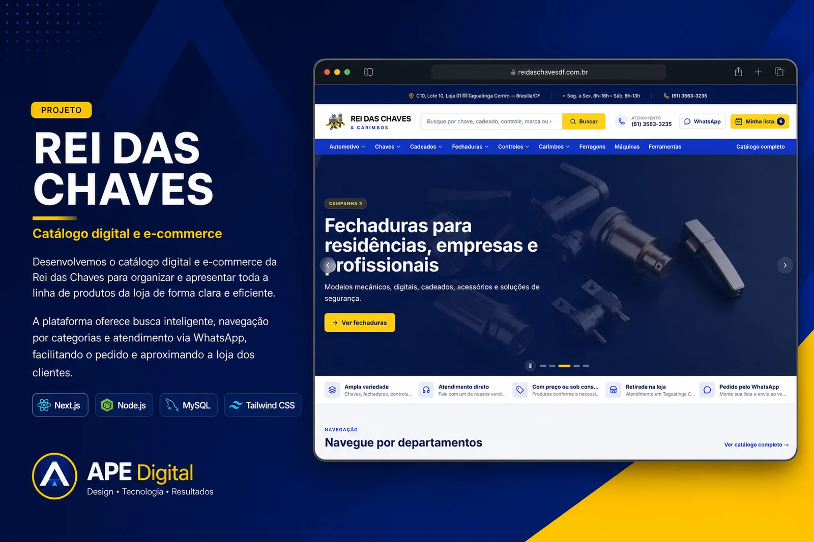 Capa do case Rei das Chaves com o catálogo digital e a campanha de fechaduras em destaque.